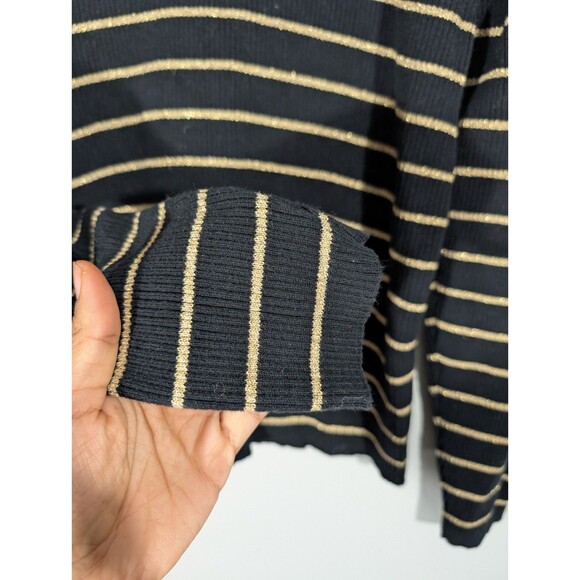 LAUREN Ralph Lauren Womens Black Gold Striped Knit Turtleneck Sz L Mature Preppy - Picture 6 of 7